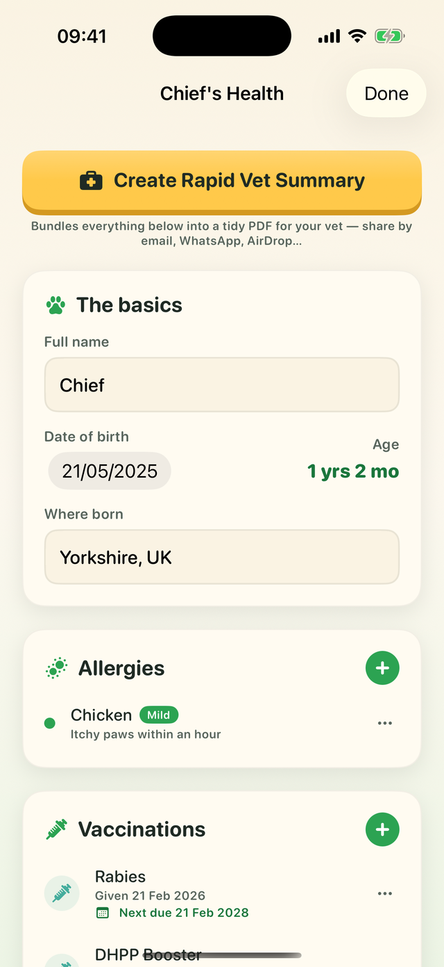 Rapid Vet Summary screen with Chief's basics, allergies and vaccinations