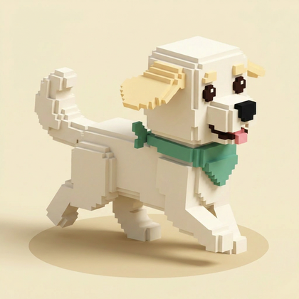Chief, the voxel golden retriever, trotting