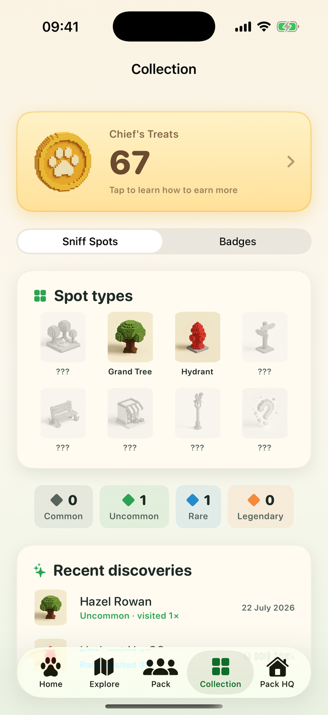 Collection screen with discovered sniff spots