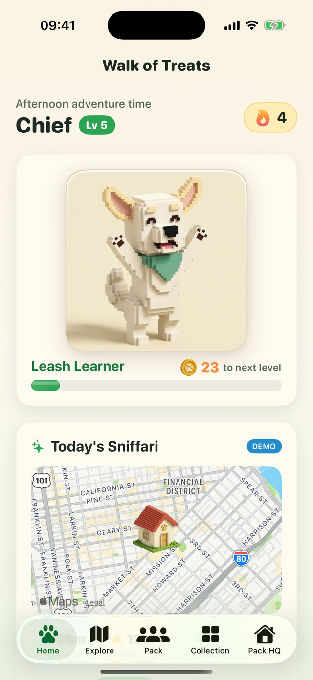 Walk of Treats home screen showing today's Sniffari route